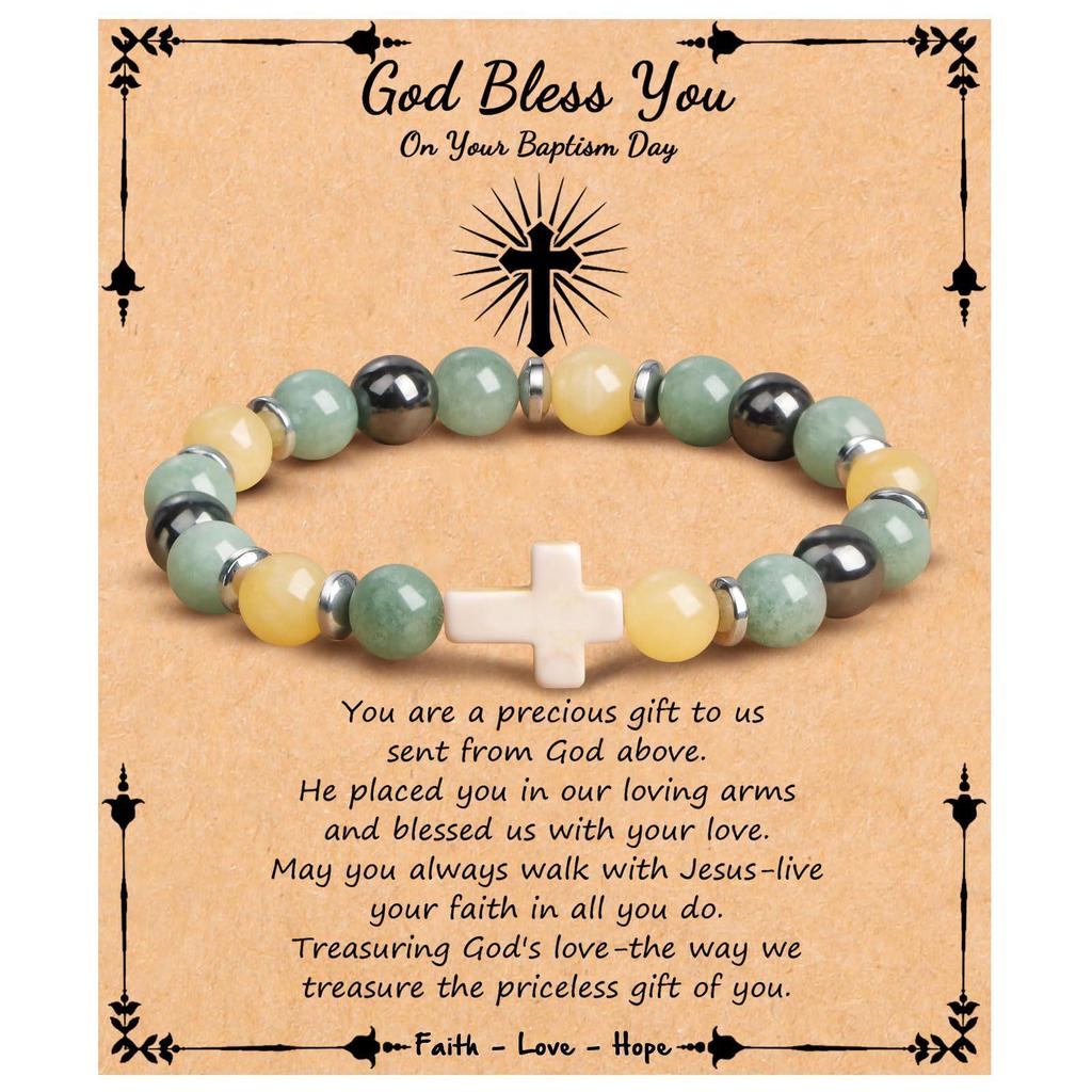 Emperor Stone Pink Zebra Beaded Bracelet with Cross Charm