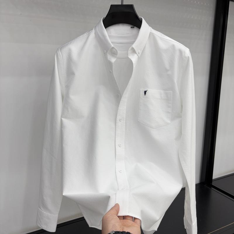 Men's High-End Embroidered Long-Sleeve Solid Color Shirt with Pockets for Spring and Autumn - Business Casual and Versatile