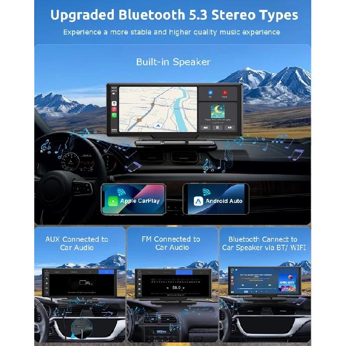 10.26" 64GB Dash Cam Car Stereo 4K IPS Touch Screen Wireless Apple Carplay & Android Auto Dual Len Recorder Bluetooth FM+Camera