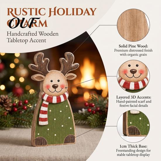 Santa Claus Elk Snowman Figurines Wooden Christmas Tabletop Decor, Reindeer Figurine, Rustic Collectible Holiday Figures Shelf Sitter for Fireplace