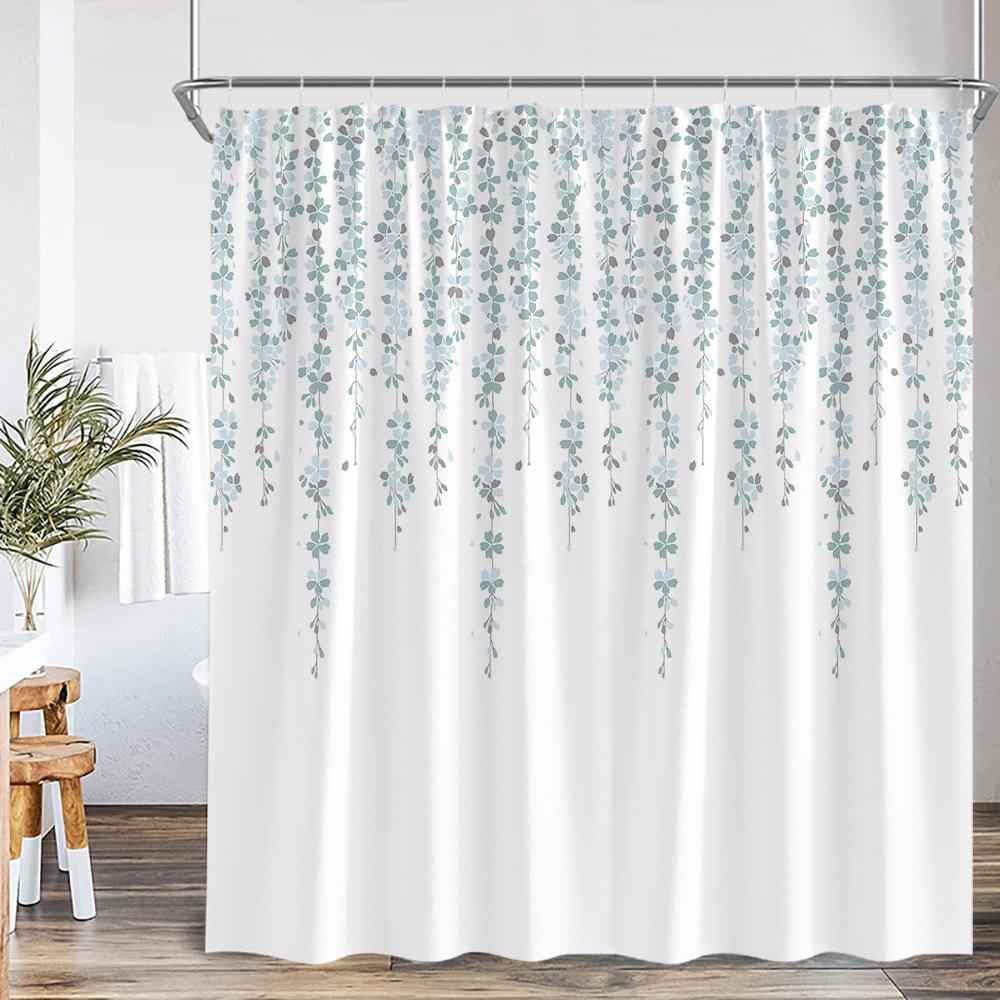 Floral Leaf Shower Curtain Green Leaves Colorful Flower Plant Nordic Bathroom Decor Modern Polyester Bath Curtain With Hook