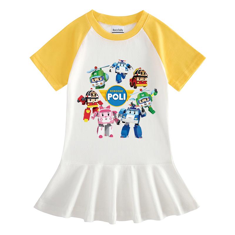 Summer Cartoon Raglan Color Block Pleated Dress for Girls - Stylish Short Sleeve Ruffle Skirt