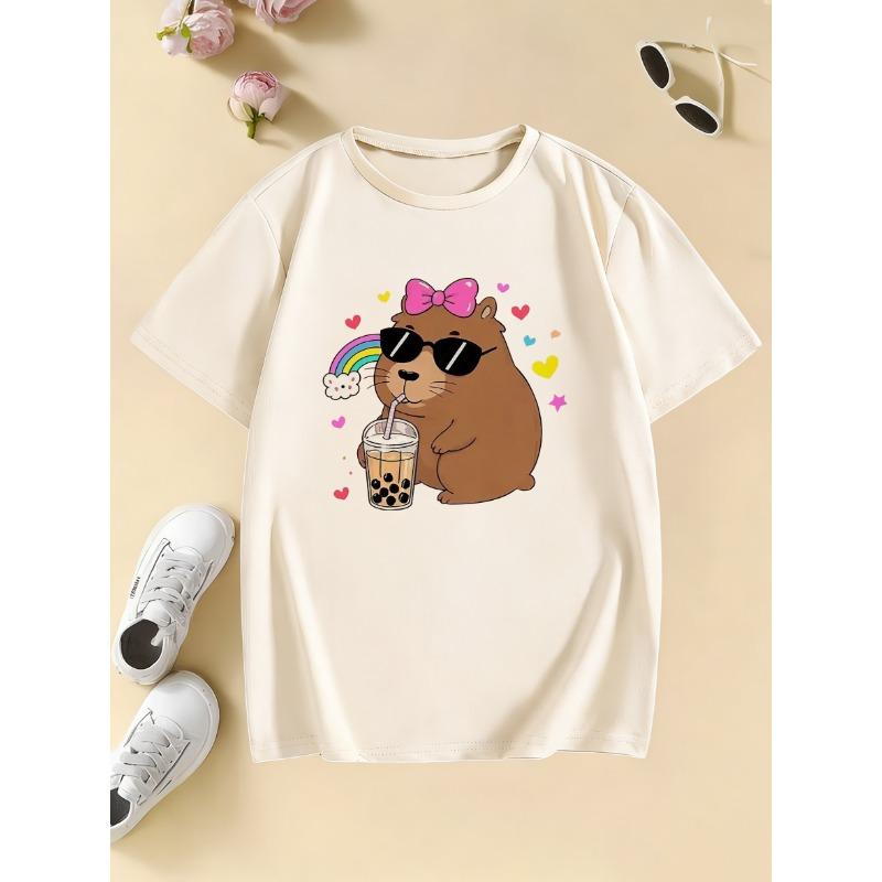 Girls' Stylish Hoodie with Capybara Printed T Shirts Kids Children's T-shirt Boys Girls Summer Spring Casual Top Tee