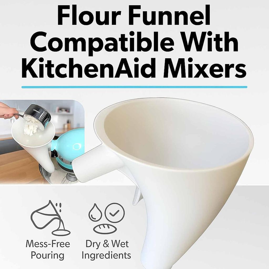 Flour Funnel for Kitchen Aid Mixer, Easy Pour No-Mess Attachment, Anti-Splash Accessory, Fits Tilt-Head 4.5–5 Qt (KSM150), Safe Baking Tool