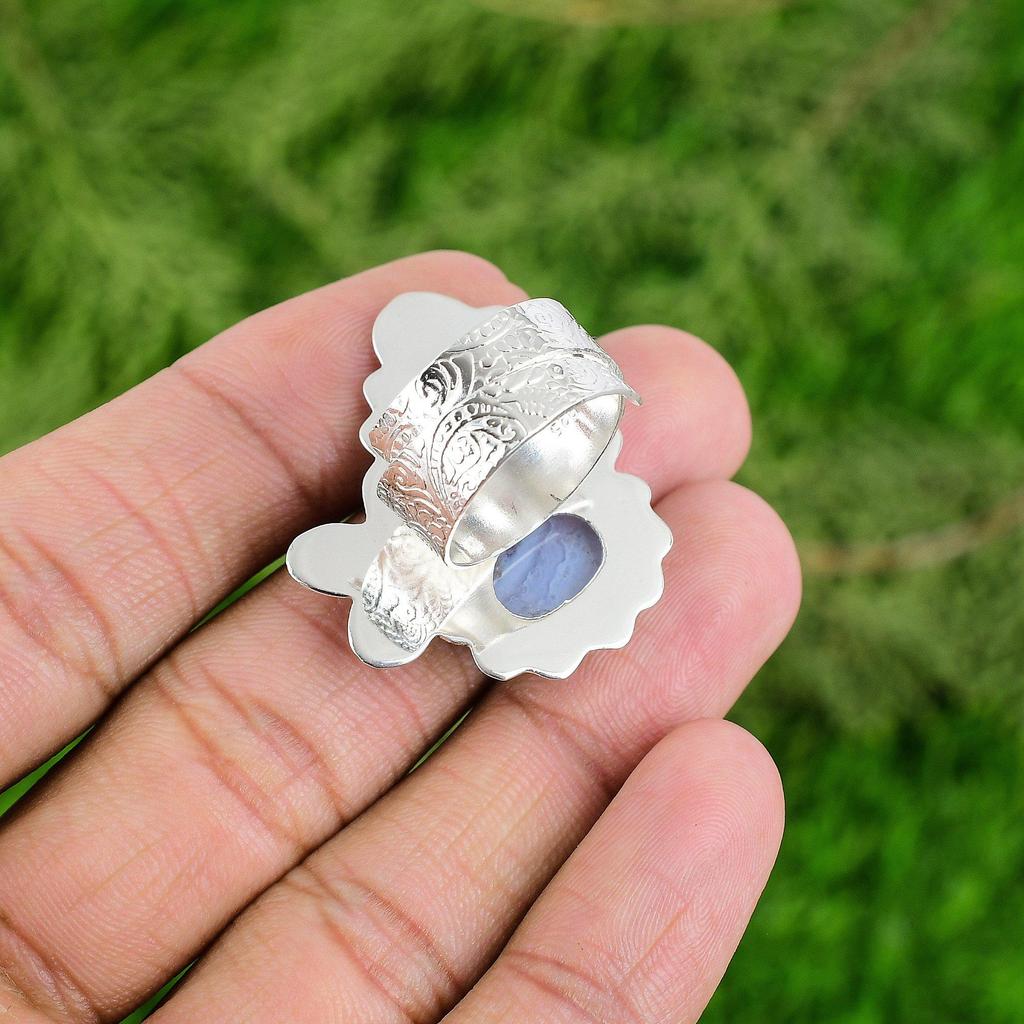 Natural Blue Lace Agate 925 Silver Multi Stone Adjustable Ring For Girls