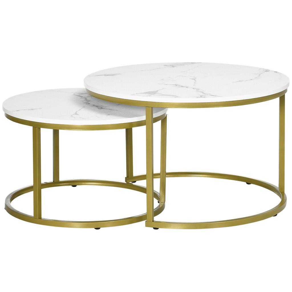Kaffeetisch-Set aus 2 Teilen, Runde Satztische mit Metallgestell, Moderne Beistelltische für das Wohnzimmer, Weiß