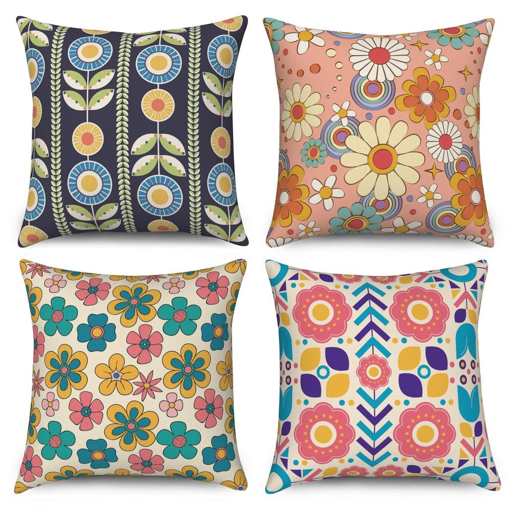 4Pcs Home Decor Cushion Covers, Black Cat & Floral Scenery Pillow Cases For Living Room Sofa Bedroom Car Decoration