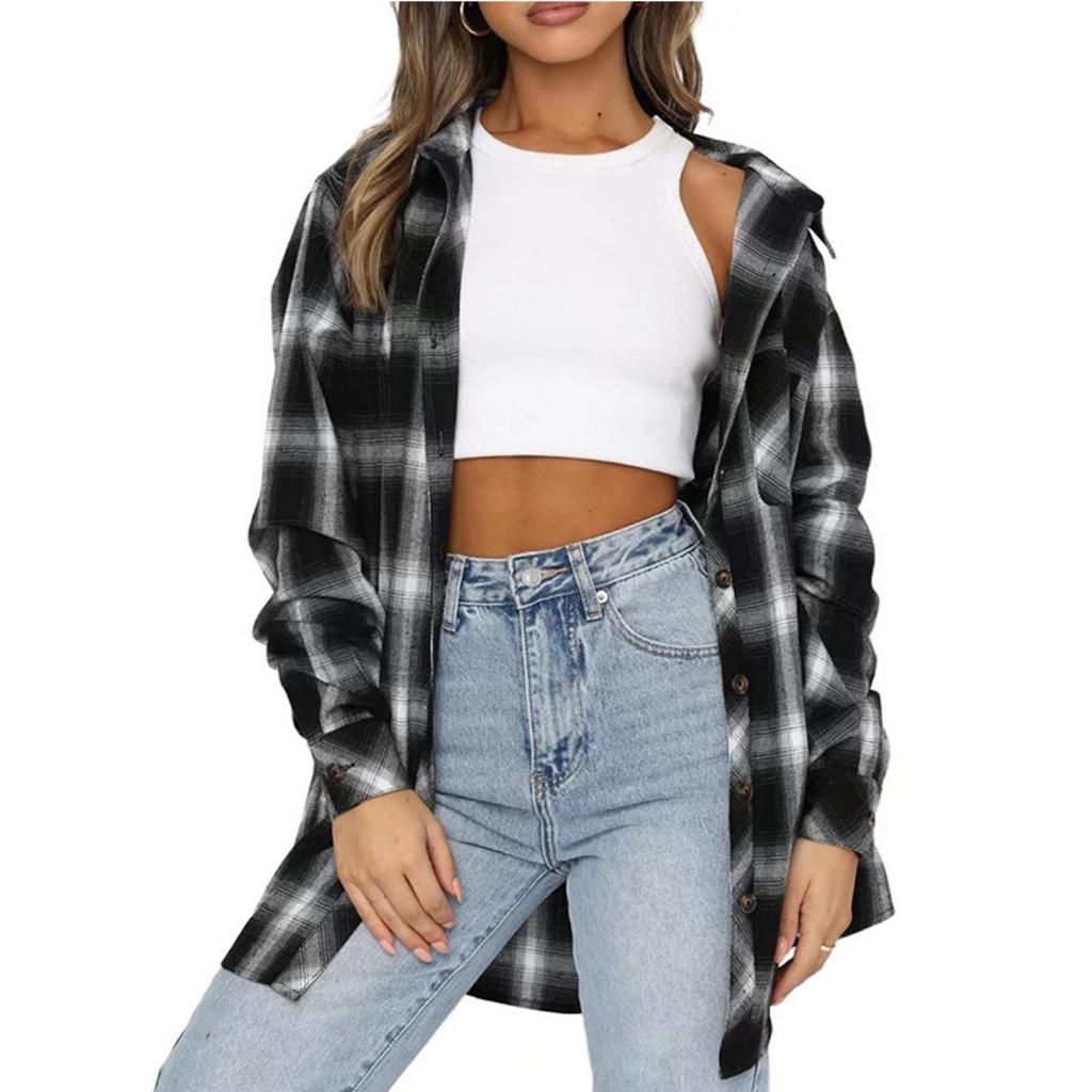 Autumn Winter Women's Plaid Shirt, Lapel Long Sleeve Loose Casual Blouse, European American Style Fashion Top