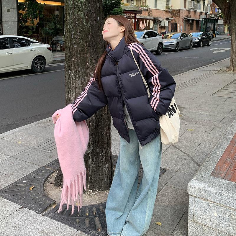 

Winter new cotton-padded clothes stand-up collar versatile fashion thin warm splicing striped cotton jacket XL