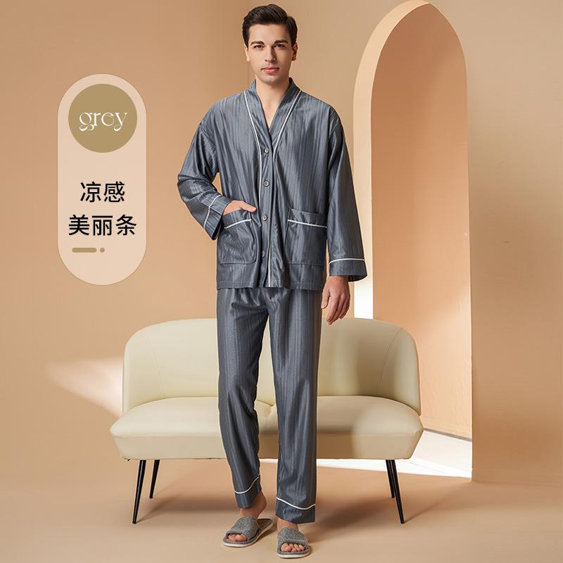 

Мужская одежда для сна весна осень лето тонкая парная одежда для сна с длинным рукавом влагоотводящая дышащая домашняя одежда комплект с карманами XXXL серый