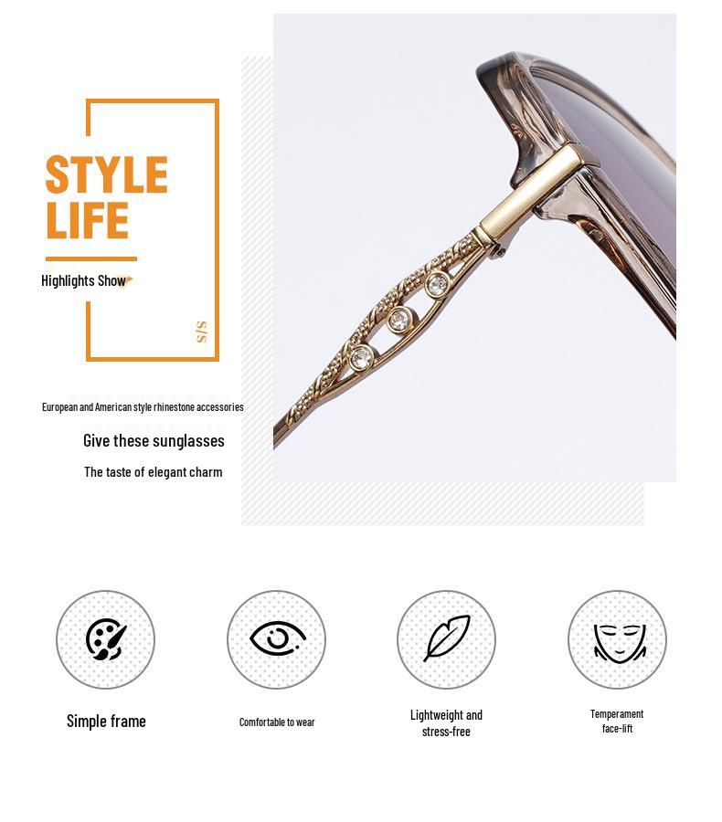 Women's High-End Rhinestone Large Frame Sunglasses with Hollow Zinc Alloy Legs and HD Polarized Lenses