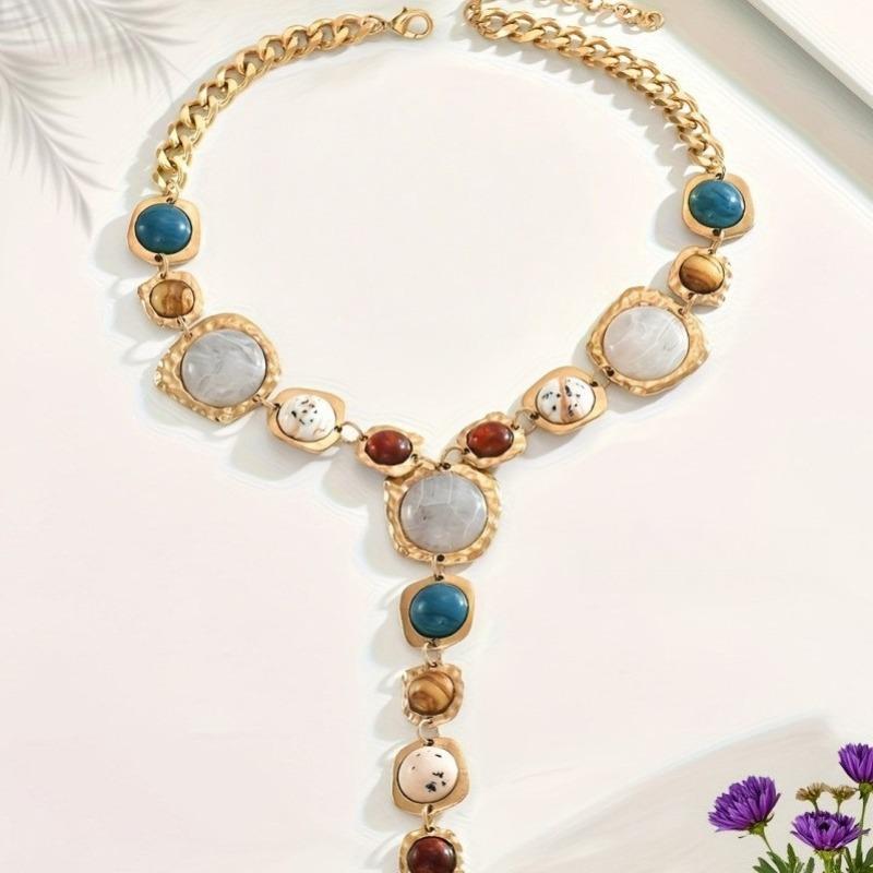 Mid-Aged Vintage Style Y-shaped Pendant Dyed Resin Light Luxury High-End Court Style Sweater Chain