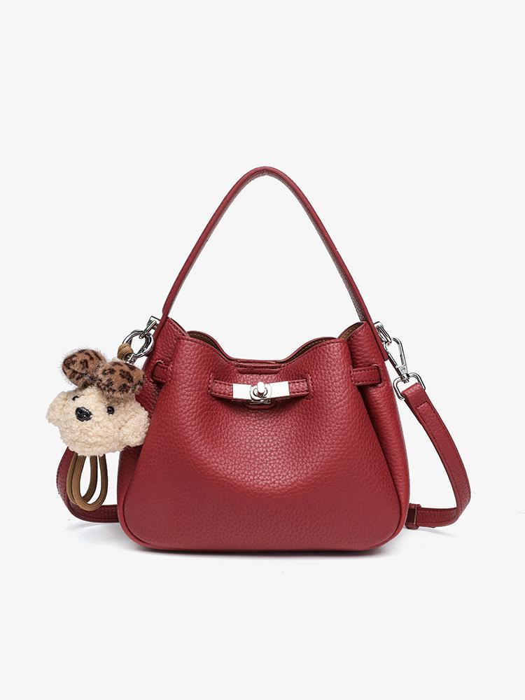 Korean Style Genuine Leather Bucket Bag with Cute Dog Pendant - Versatile Crossbody and Shoulder Bag for Women