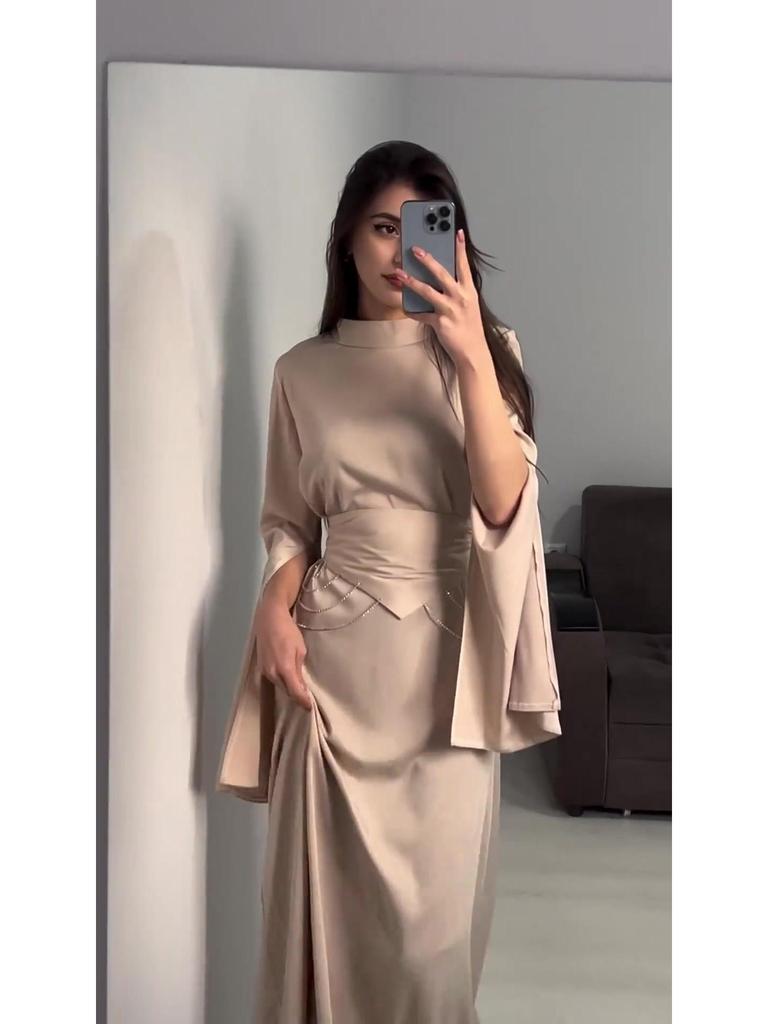 2024 Spring Semi-high Neck Satin Dress: European-American Court Style, Waist-Slimming, Long-Sleeved