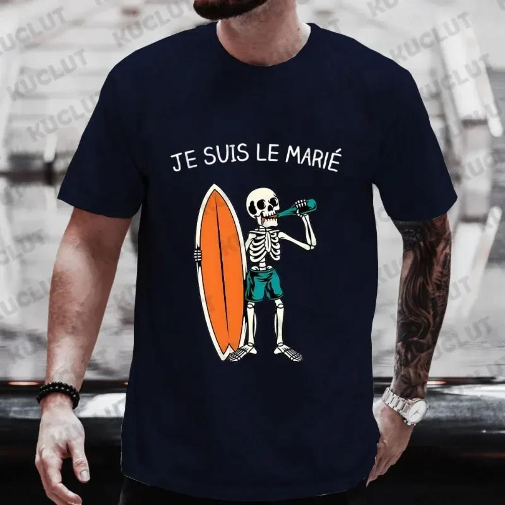 Französisch Ich bin der Bräutigam 2024 Mode Bier Skelett Grafik Tops JGA Team Zukünftiger Bräutigam T-Shirt Junggesellen Single Abschiedsparty T-Shirts