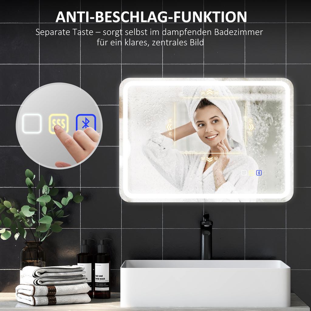 Bathroom Mirror with LED Lighting, Anti-Fog Pad, 3 Adjustable Colors, Silver