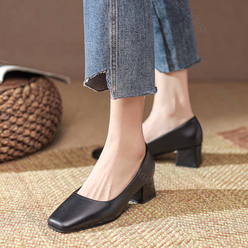 Fashion 2025 New Spring Heels Women Square Head Shallow Mouth Soft Leather Pumps Fashion Solid Office 5.5cm Thick Heeled Ladies Shoes
