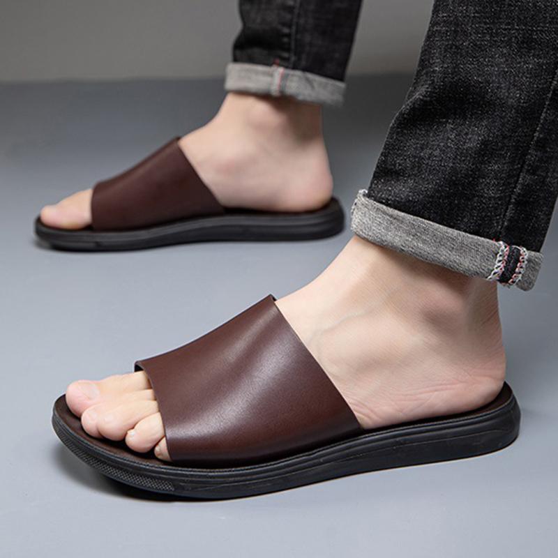 New Men's Leather Sandals For Men Slip On Casual Slippers Summer Shoes Anti-skid Wear Resistant Household Beach Sandals
