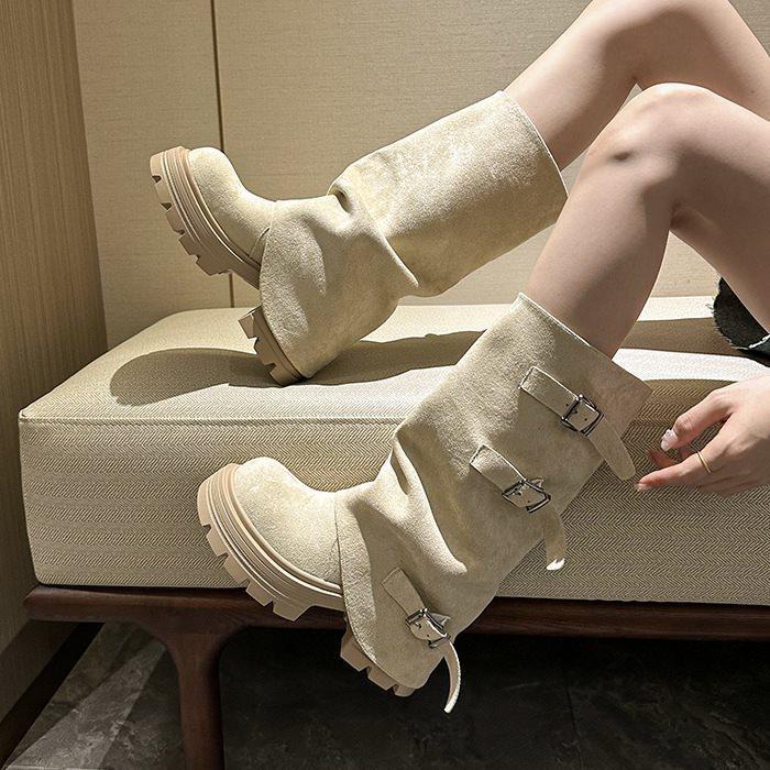Knight boots but trousers 2025 new style thick-soled retro spice girls versatile pile knee show legs long boots women's spring