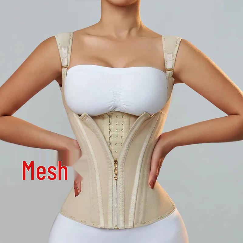 Women's Cross-15 Bone Elastic Mesh Waist Corset with Zipper & Bra Support for Body Shaping