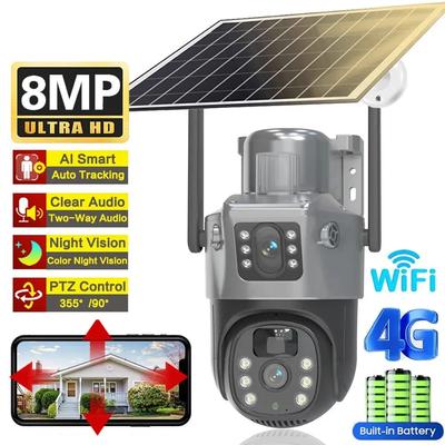 Neue PIR-Solarkamera 4G Sim Outdoor Dual Lens WiFi 8MP 4K IP Camara Solar Panel CCTV V380 Pro Sicherheitsschutz Eingebauter Akku