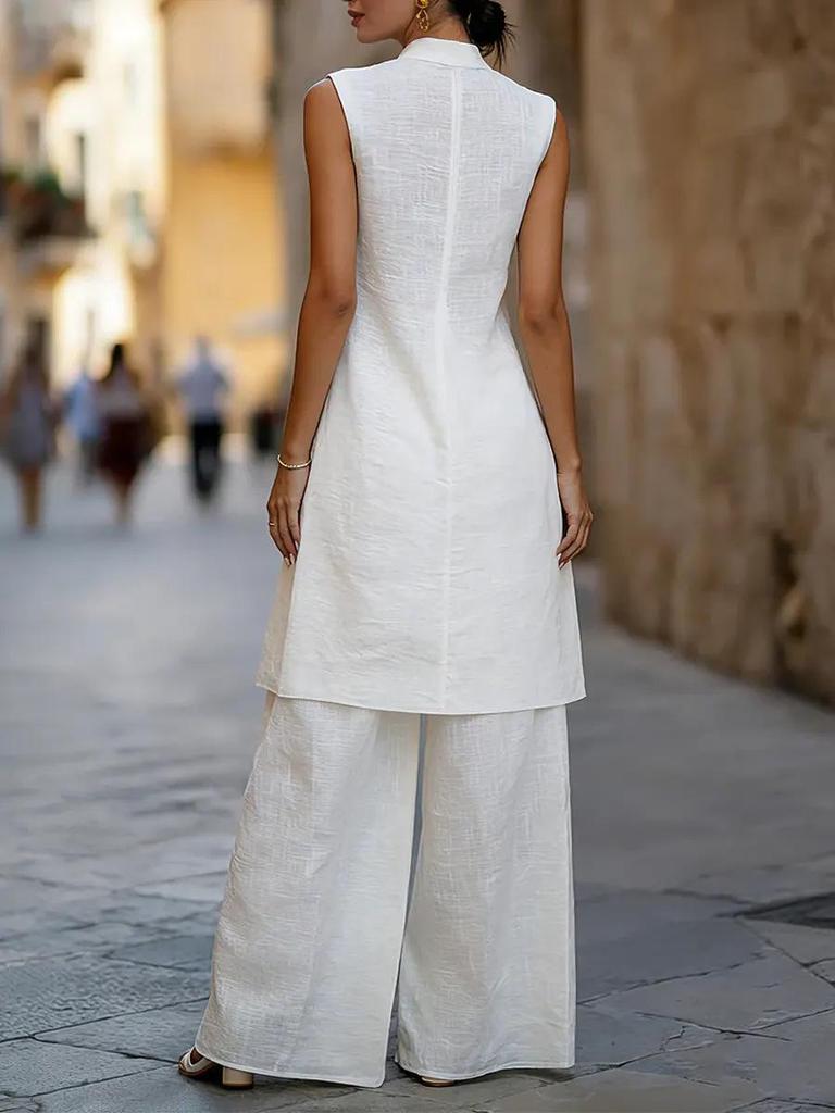 Chic Sleeveless Vest & Wide-Leg Pants Cotton Linen Set