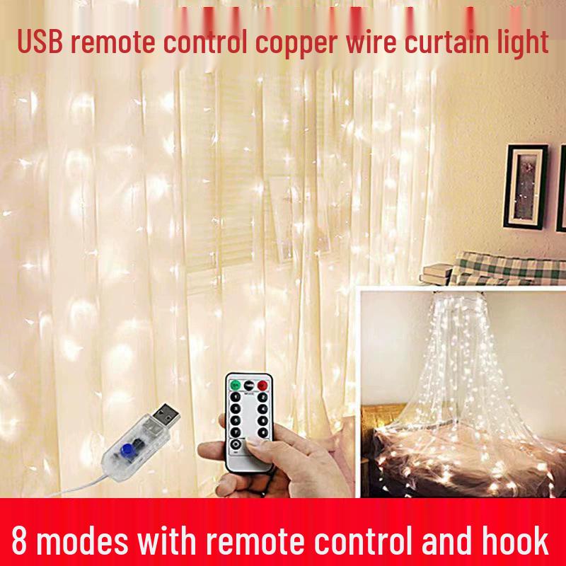 LED Copper Wire Curtain Fairy Lights with Remote Control for Christmas and Holiday Decoration