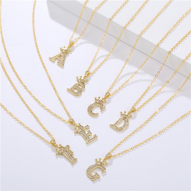 Fashion Cubic Zirconia Crown Letter Pendant Necklace Gold Hip Hop Punk Alphabet Jewelry