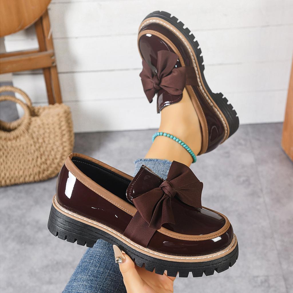 Plus Size 36-43 Shoes for Women FashionThick Bottom Ladies Slip on Bow Leather Loafers Non-slip Work Comfort Flats Sneakers