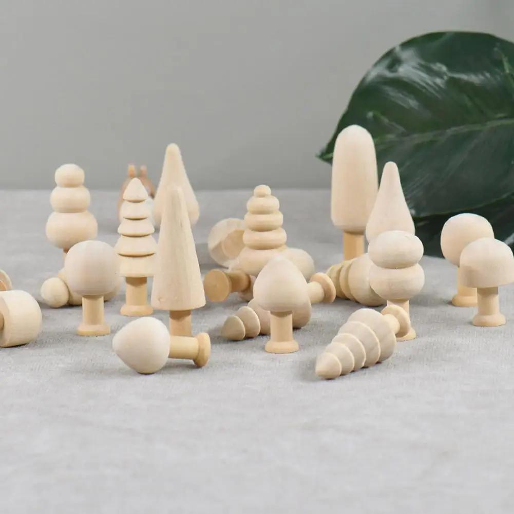 Unfinished Wooden Miniature Tree Painted Crafts Peg Dolls Wood Ornaments DIY Round Corners Kids Toy Mushroom Ornaments