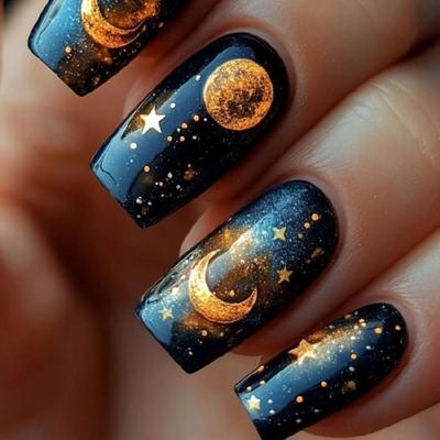 24 Pieces Medium Square False Nail Acrylic Artificial Nail Glossy Full Cover Stick On with Moon Star Designs for Parties