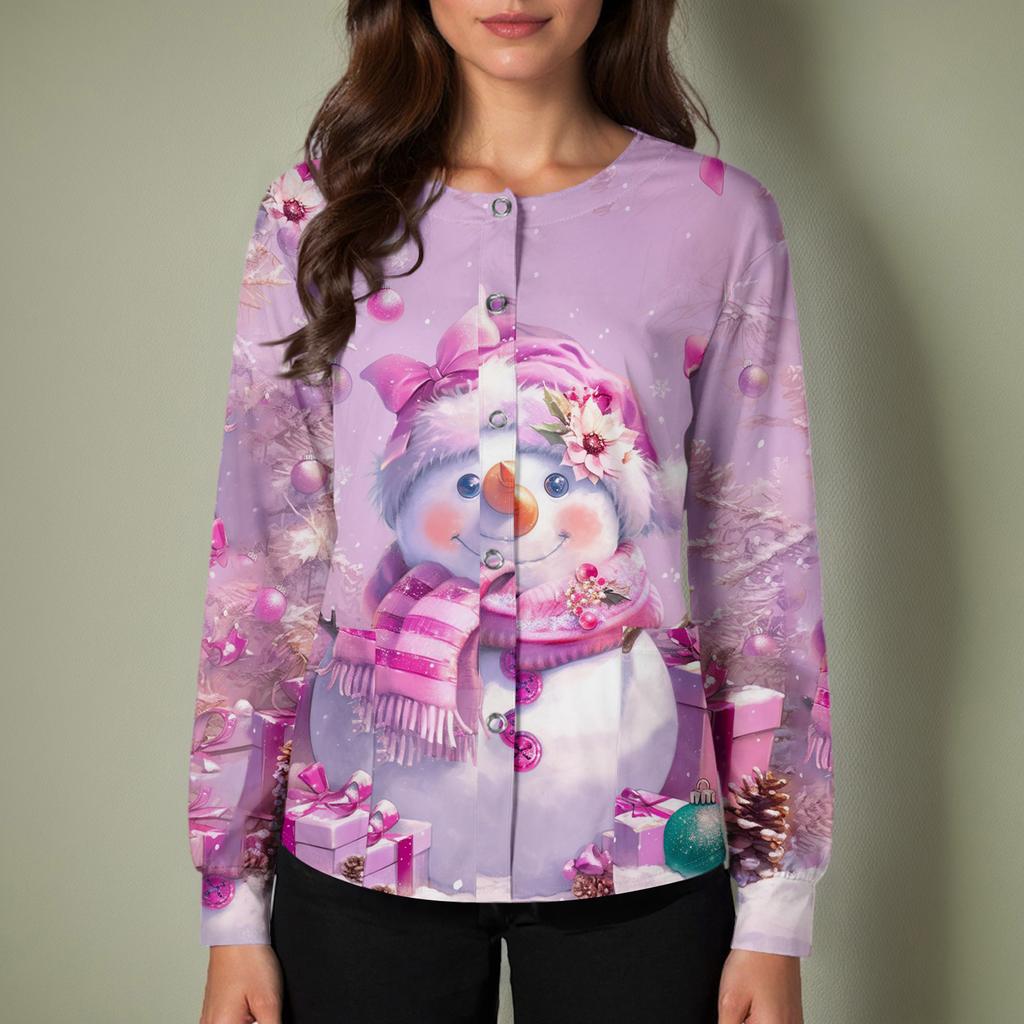 Women's Casual Long-sleeved Single-breasted Christmas Printed Protective Clothing Cardigan Top