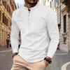 Camisa Henley Casual Retro de Algodão e Linho para Homem, Botão, Manga Comprida