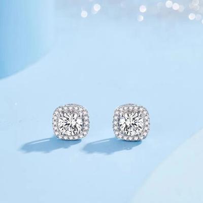 Sterling Silver S925 Moissanite Square Full-Jeweled Stud Earrings Female Light Luxury Temperament Fashion Special-Interest Ornament