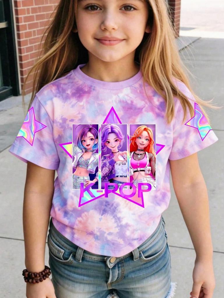 T-shirt Grafica Cartoon Kpop per Ragazze T-shirt Casual Girocollo Adatta per Ragazze Bambini Regalo Manica Corta