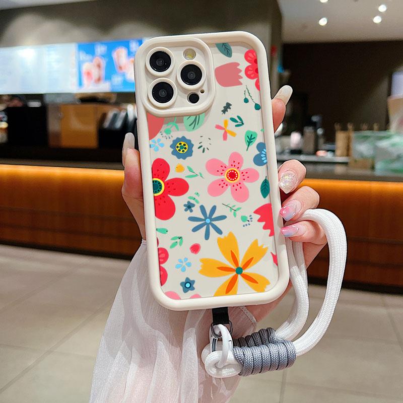Wrist Chain Lanyard Phone Case for iPhone 11 12 13 14 15 16 Pro MAX XS Max XR 7 8 16 Plus Cute Flower Hand Strap Soft TPU Cover