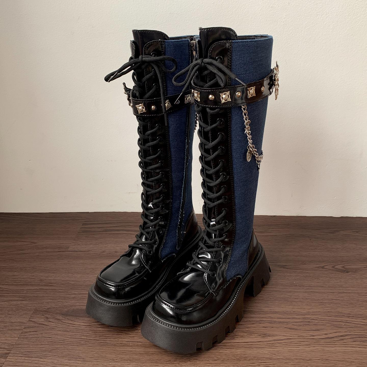 

Black British thick heel platform boots Martin boots women s 2025 new autumn height-increasing and thin knight boots 39