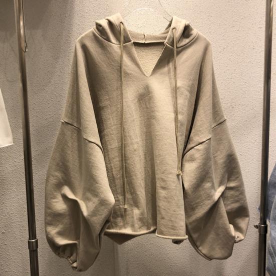 Felpa con cappuccio a tinta unita con coulisse Manica a pipistrello Autunno Scollo a V Donna Streetwear