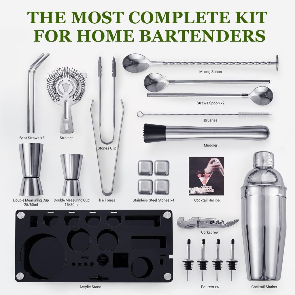 Cocktail Shaker Set, 23-Piece Boston Stainless Steel Bartender Kit Cocktail Recipes Booklet, Professional Bar Tools for Drink Mixing