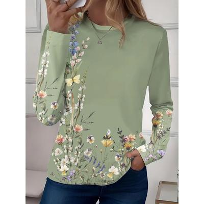 Dámské ležérní tričko s 3D potiskem Květinový potisk Kulatý výstřih Retro Elegantní Dlouhé rukávy Dámská móda Pulovr Dlouhé rukávy Top