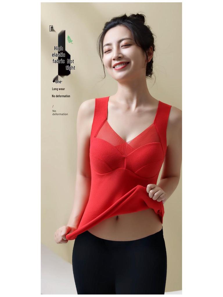 Top Colete Quente Feminino de Veludo Alemão de Uma Peça com Sutiã Embutido para Outono e Inverno