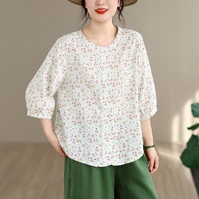 DIMANAF 2026 Été Grande Taille Chemisiers pour Femmes Tuniques Oversize Amples Décontractés Coton Hauts pour Dames T-shirts Imprimés Floraux Mode