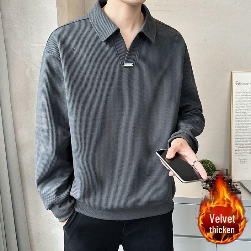 Men's Trendy V-Neck Fleece-Lined Polo Sweatshirt - Autumn/Winter 2025 Collection