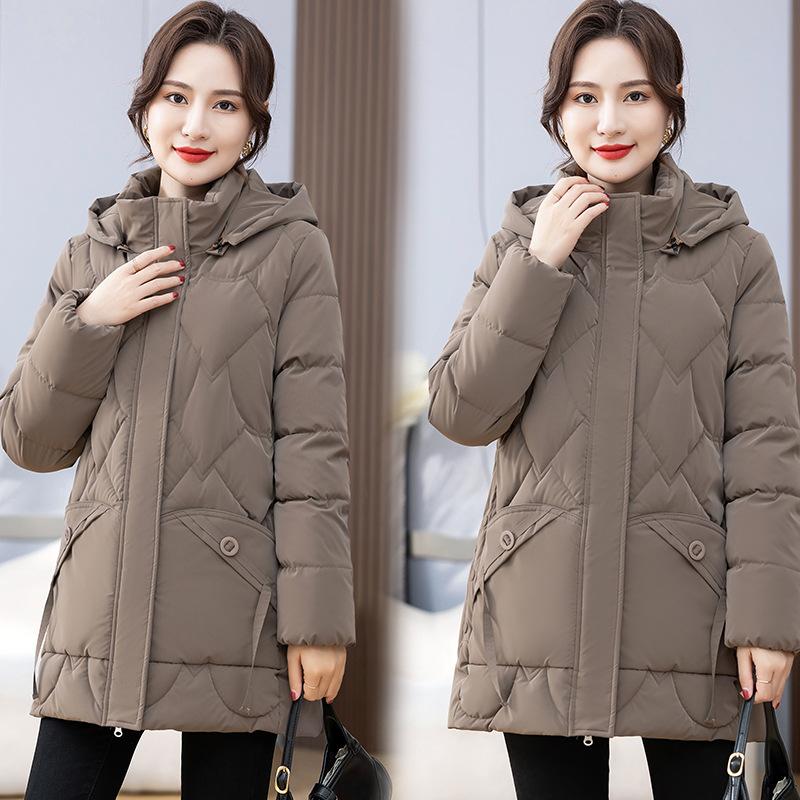 Winter Cotton Clothing for Middle-aged and Elderly Women, Mother's Clothing, Hooded Cotton-padded Jacket, Large Size, Medium-length, Thickened Coat