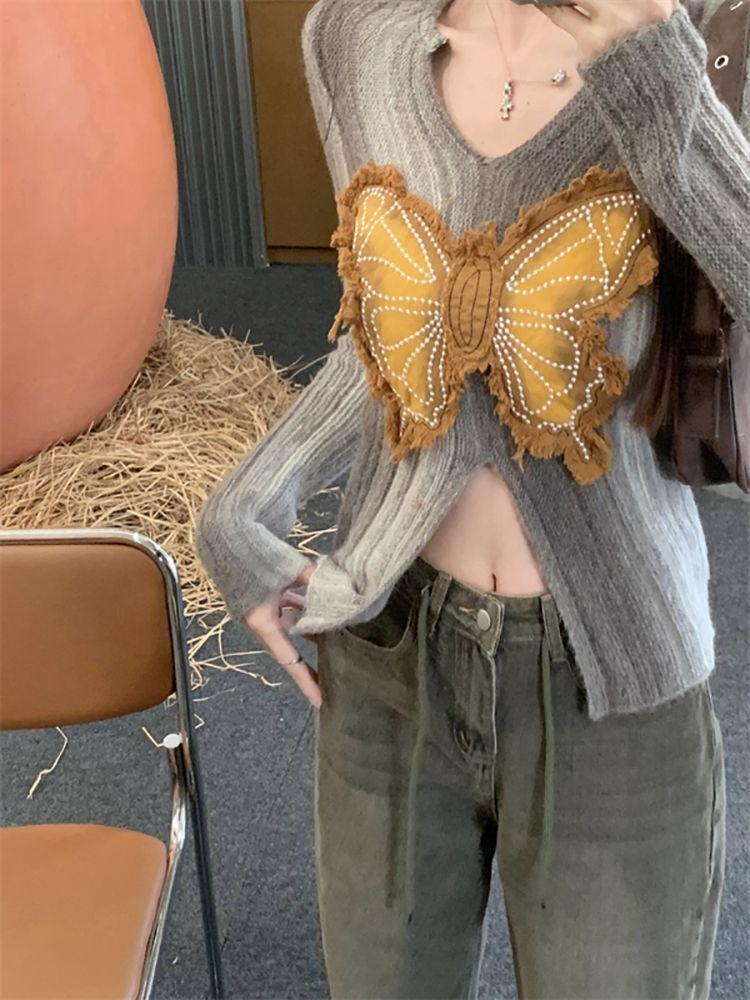 Butterfly Design Slim Fit Long Sleeve Knitted Sweater for Women - Autumn Collection