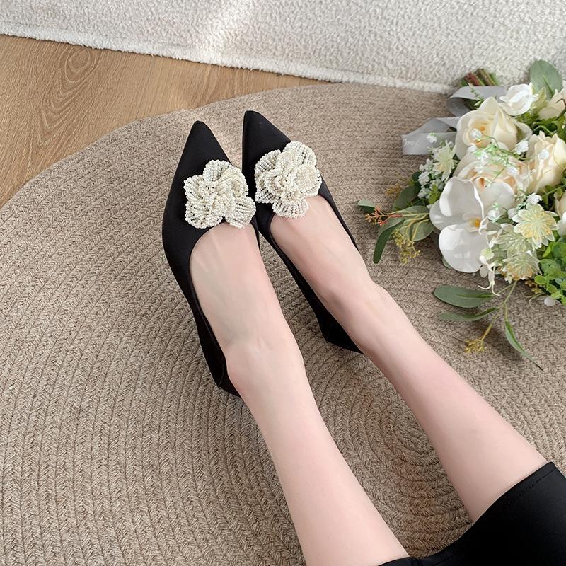39663 High Instep Fat Feet Stiletto Shoes French Pearl Flower Pointed Heels Large Size Women's Shoes 41 To 43