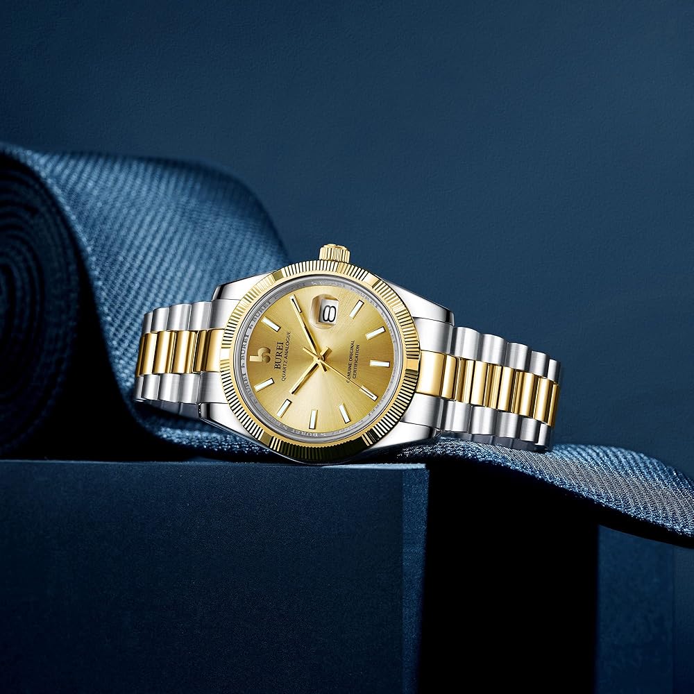 BUREI Men's Analog Quartz Watch Waterproof Business Fashion Simple Golden Silver Night Glow Timepiece