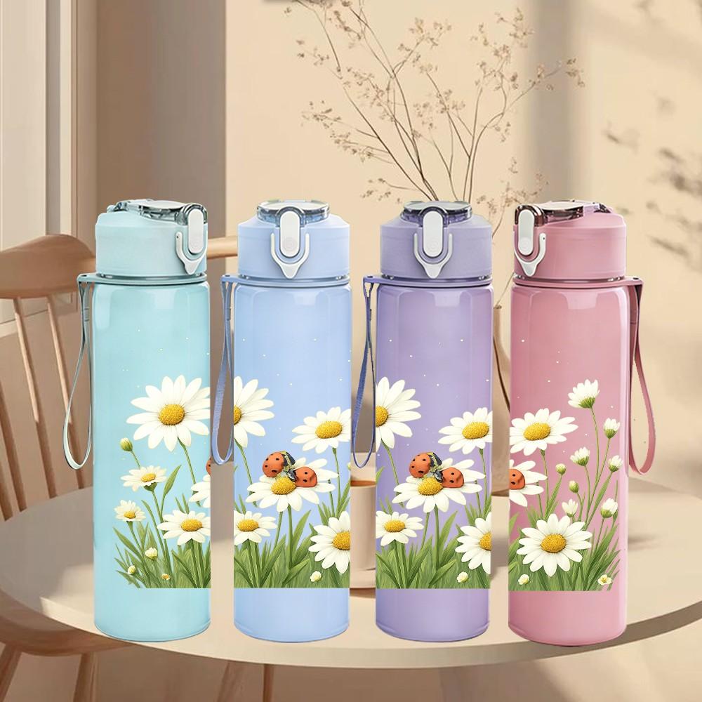 1 PZ Bottiglia Sportiva in Plastica da 750ml Campo di Fiori Selvatici e Erba Margherite Tappo Flip-Straw Ermetico Adatta per Sport Ufficio Uso Domestico