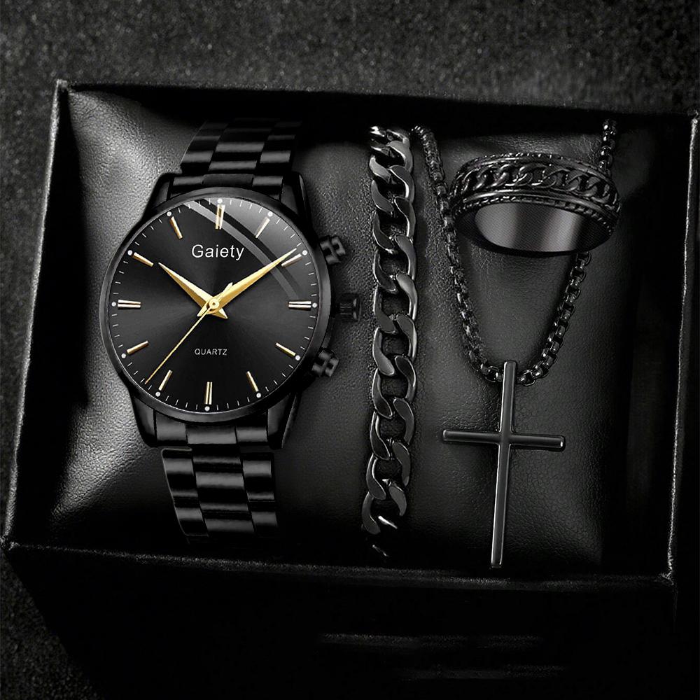 

4PCS Black Men s Gift Box Watch Set Trendy Fashion Quartz Watch Bracelet Necklace Ring Set Perfect Gift Set for Friends or Dad чорний