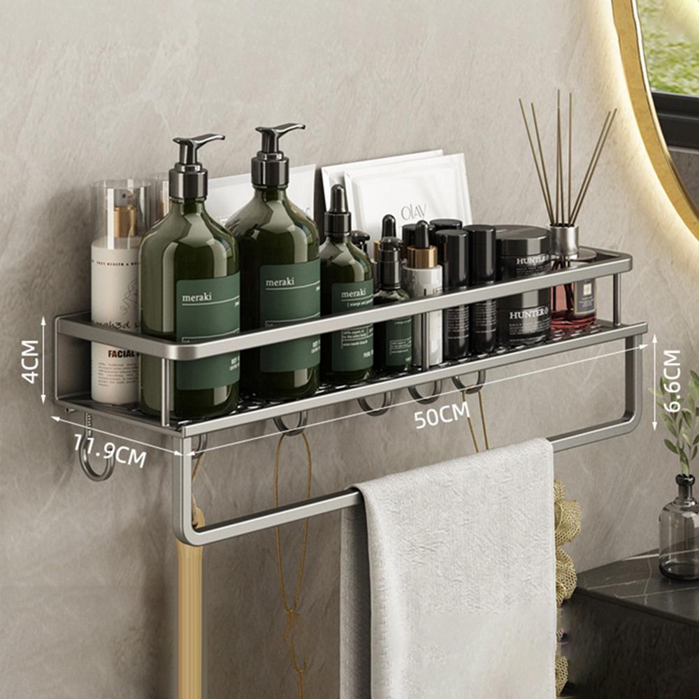 50cm Bathroom Storage Rack with Hooks and Towel Bar Wall Mounted No Drill Ventilated Draining Organizer